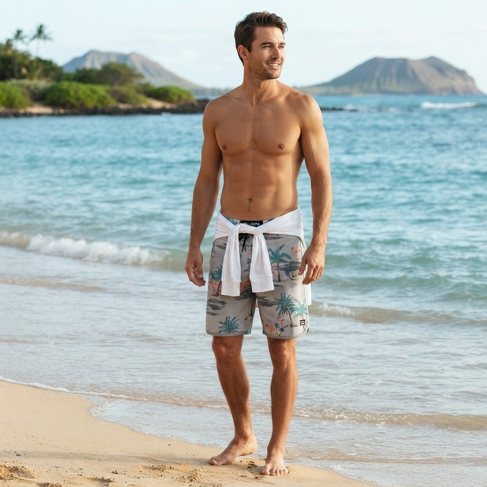 Billabong Board Shorts Mens 32 Grey Excellent Flamingo Palm Tree 73 Lo Tide